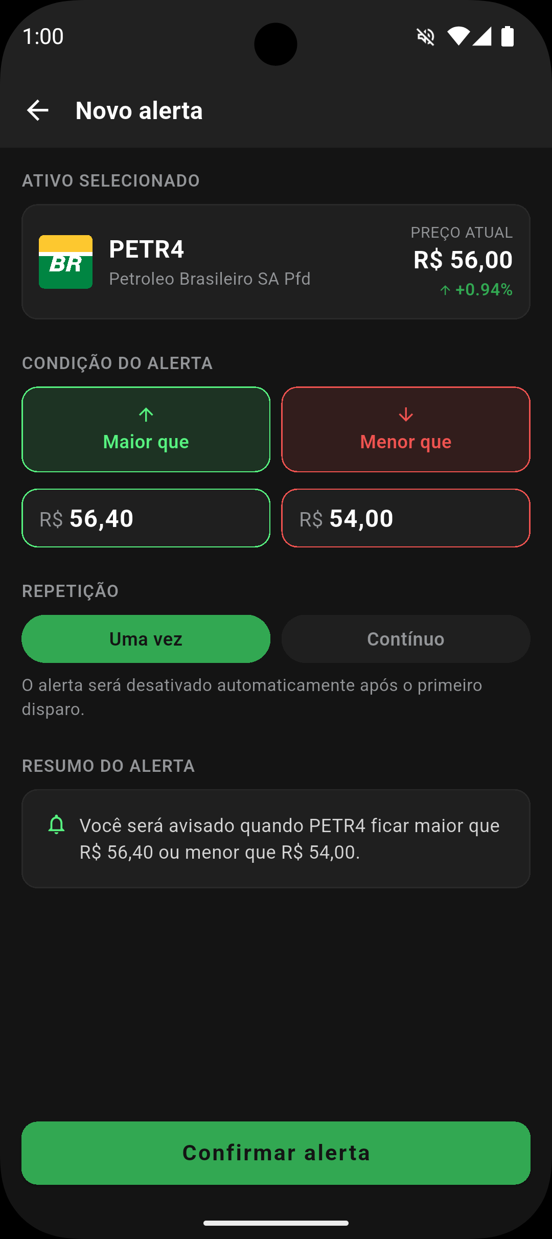 Tela para criar alerta de preço de PETR4 com condição maior que ou menor que