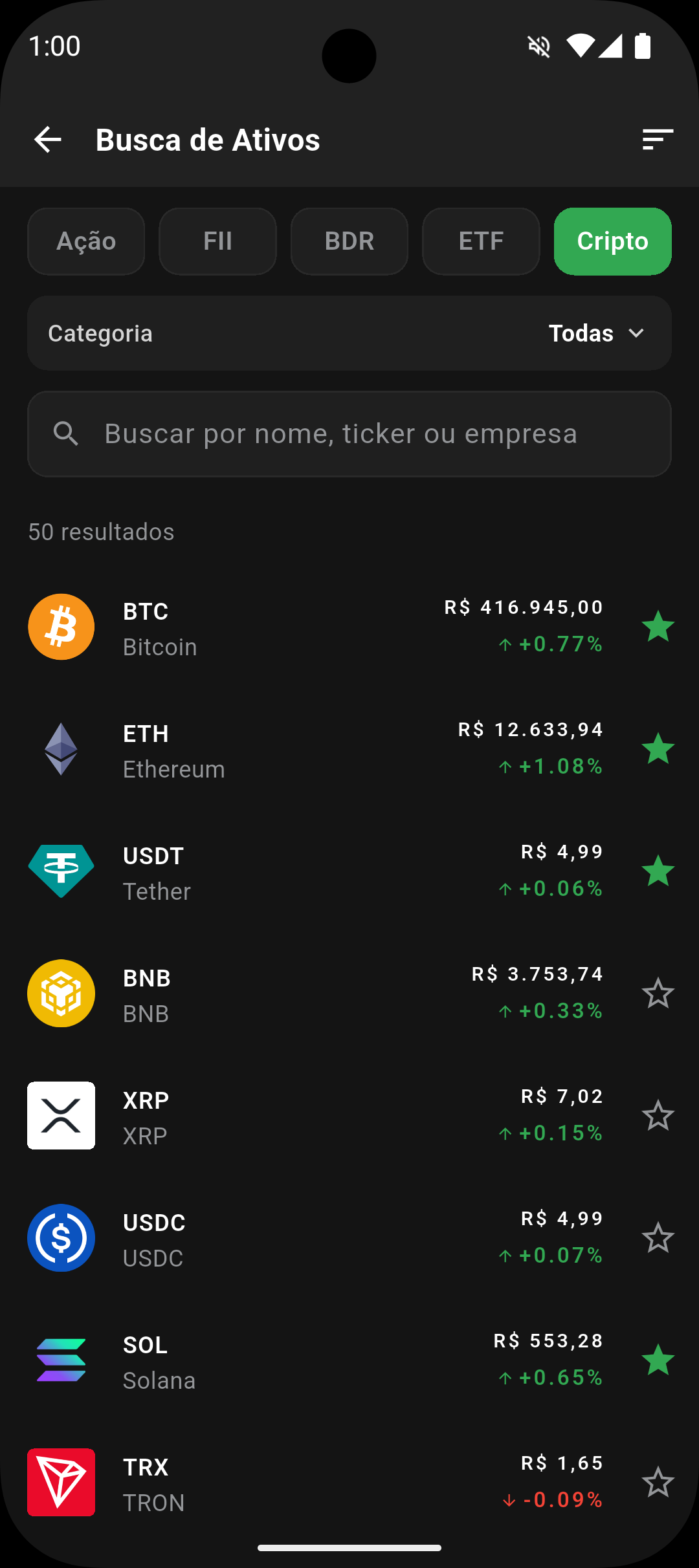 Busca de ativos com filtro de criptomoedas