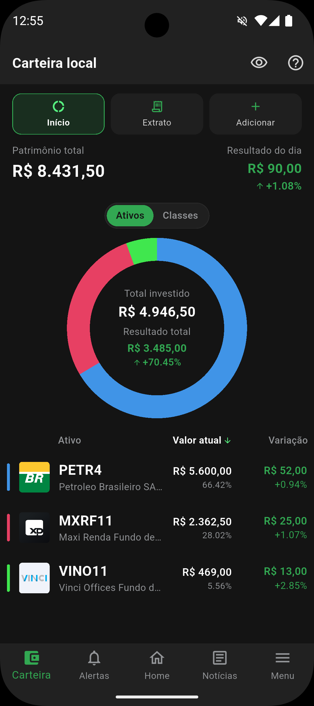 Tela da carteira de investimentos do app Fundamentos com gráfico por ativo
