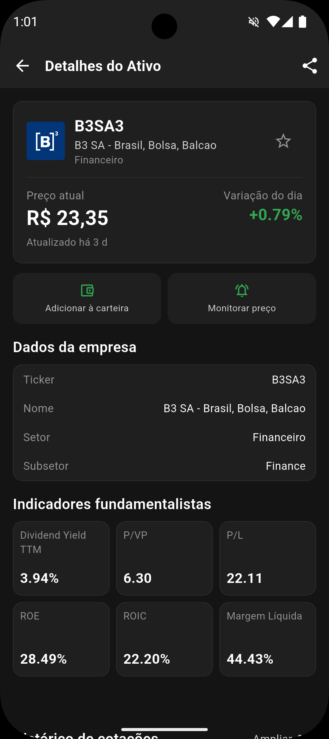 Detalhes de uma ação com preço, dados da empresa e indicadores fundamentalistas como Dividend Yield, P/VP, P/L, ROE e ROIC