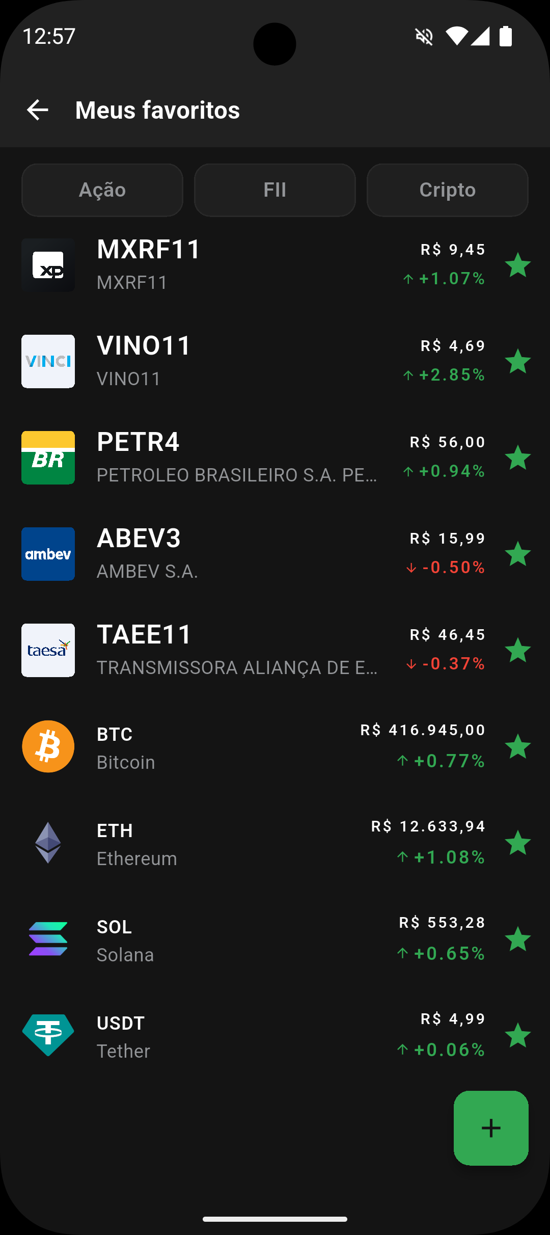 Lista de favoritos com ações, FIIs e criptomoedas