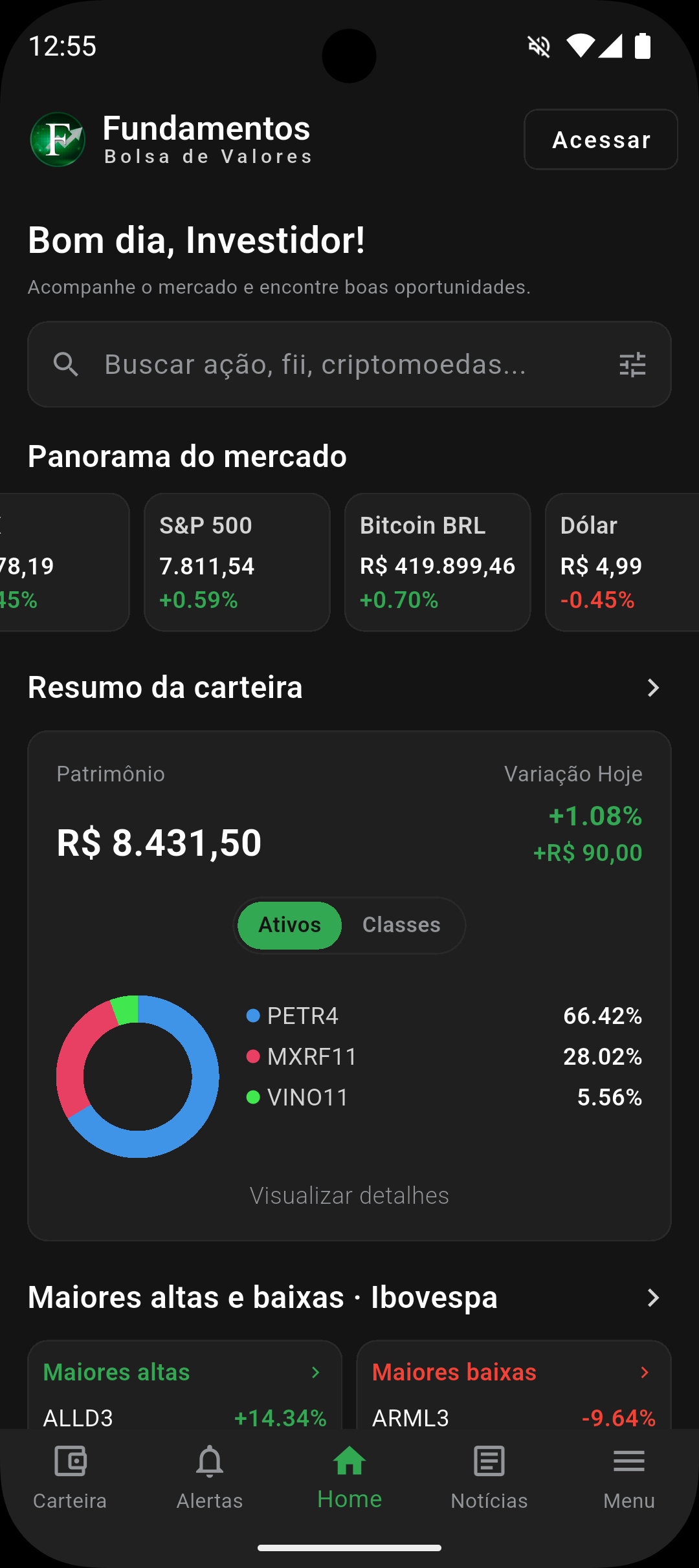 Tela inicial do app Fundamentos com panorama do mercado e resumo da carteira