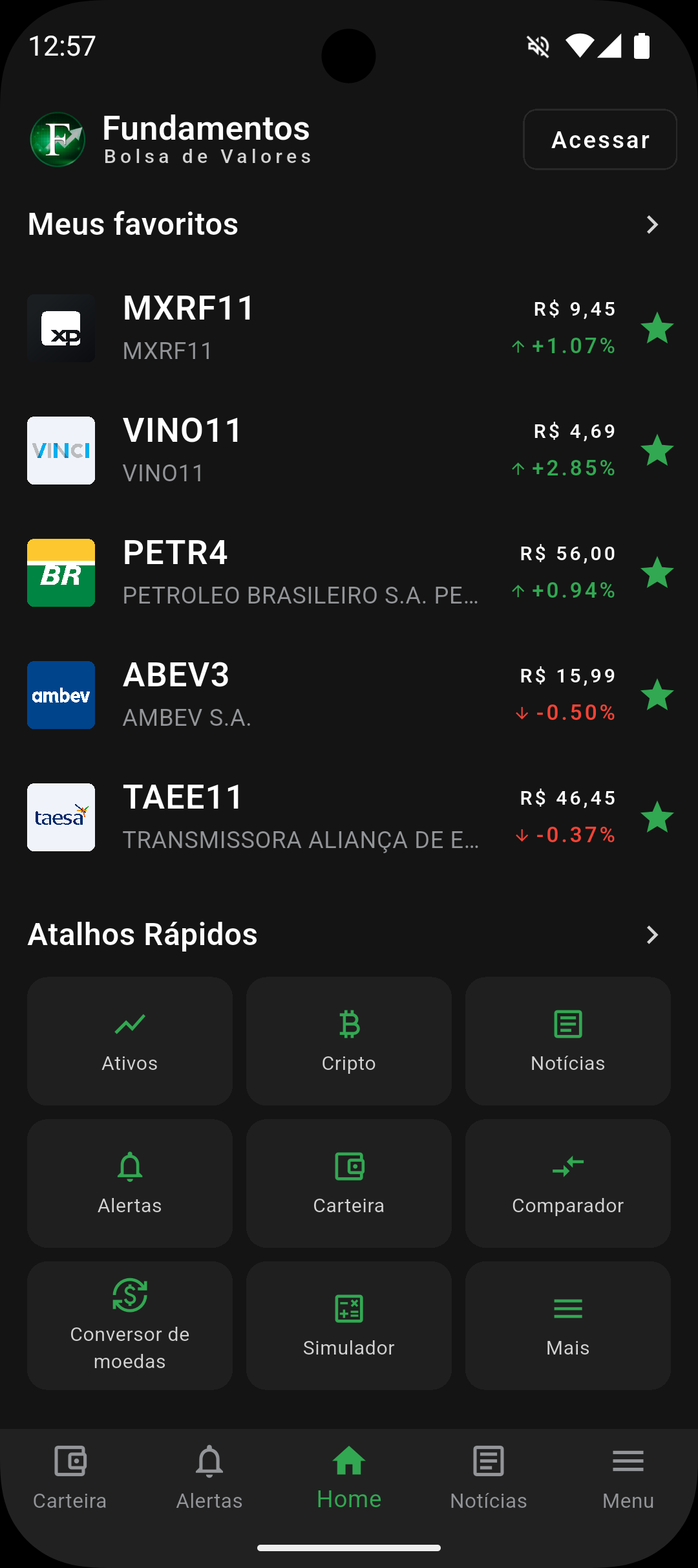 Tela inicial personalizável do app Fundamentos com favoritos e atalhos rápidos